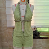 BXOXO Summer Two Piece Crochet Set for Women Tie Up Halter Open Back Split Cami Tank Top Hollow Out Shorts Beachwear